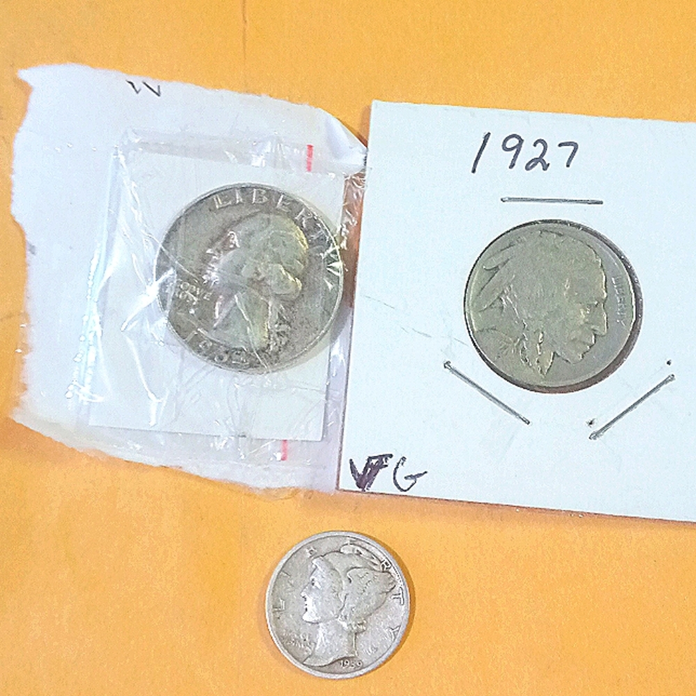 Set of Old Coins silver quarter, buffalo nickel, mercury dime +Free Copper penny